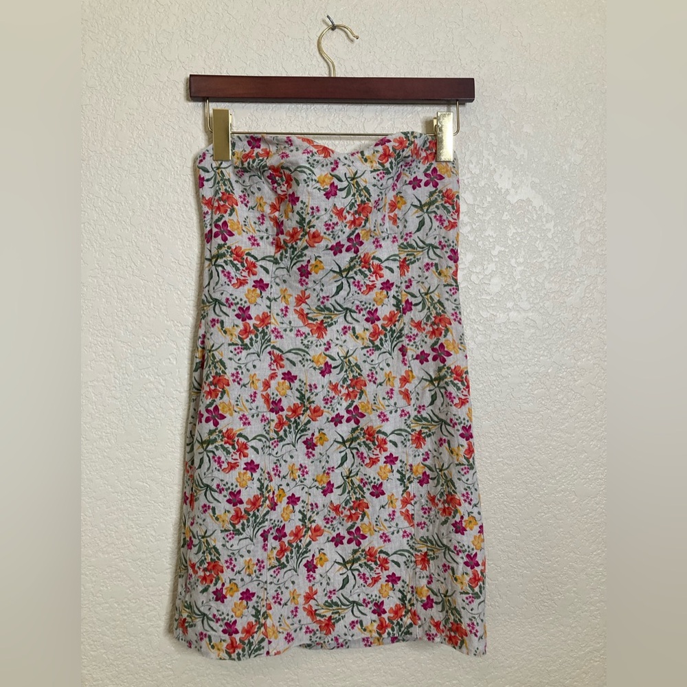 Love 21 Strapless Mini Sun Dress Linen Floral Print Sweetheart Neckline
